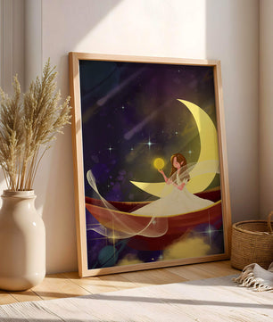 Enchanted night scene with a fairy on a crescent moon