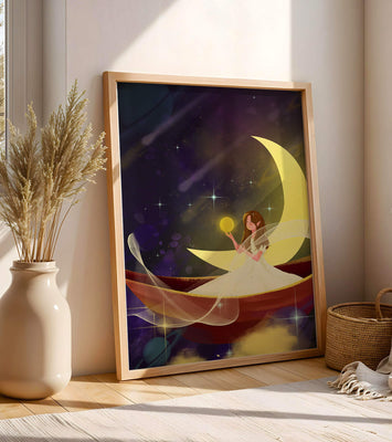 Enchanted night scene with a fairy on a crescent moon