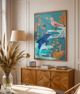 Geometric Dolphin and Seagull with Floral Elements in Abstract Nature