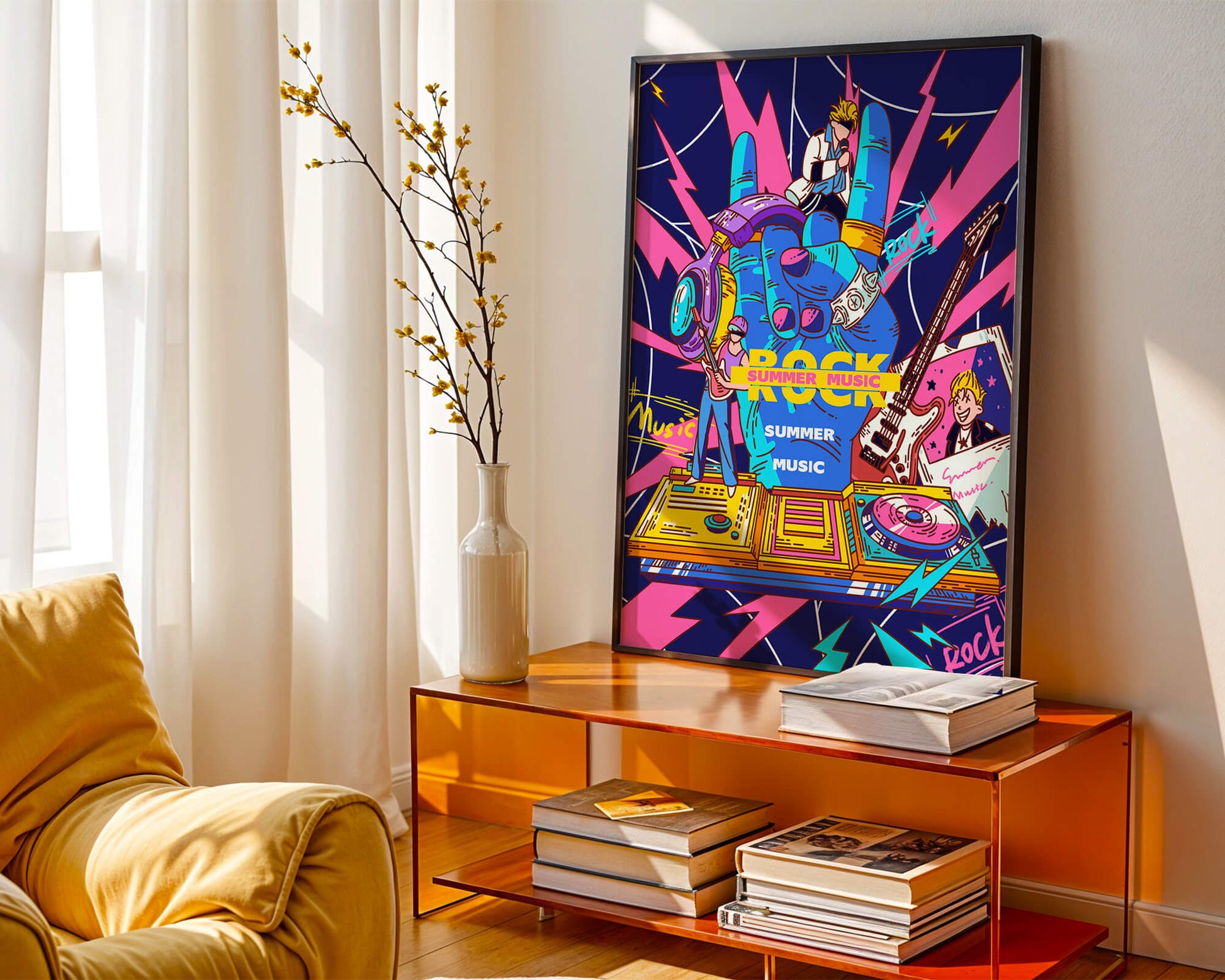 Ilustración temática vibrante de música rock con instrumentos y artistas