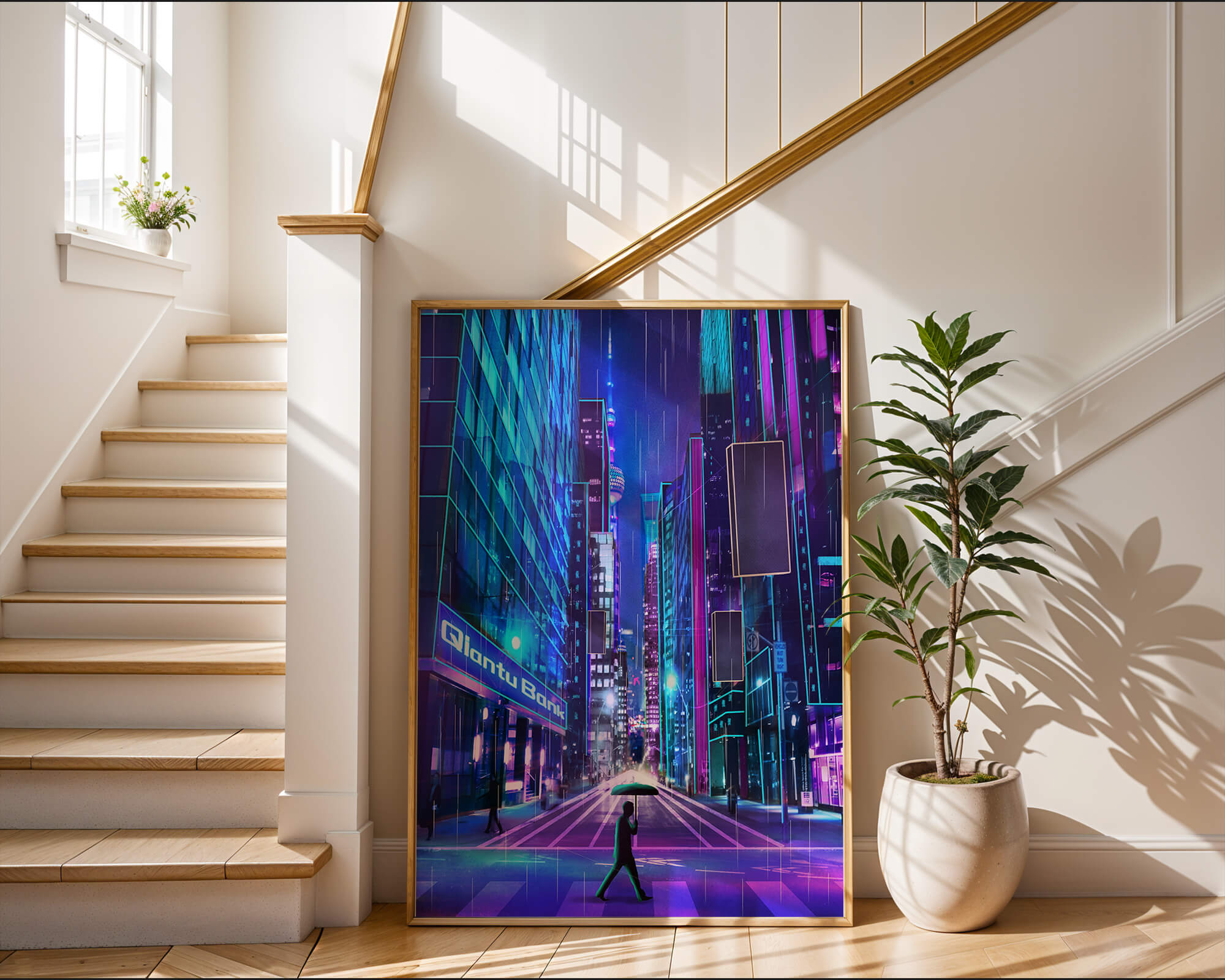 Futuristic urban street scene with neon lights and rainy atmosphere