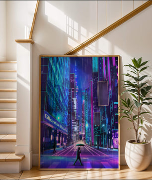 Scène de rue urbaine futuriste avec des néons et une ambiance pluvieuse