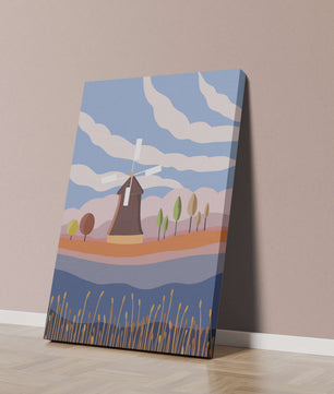 Paysage coloré avec moulin à vent et arbres abstraits