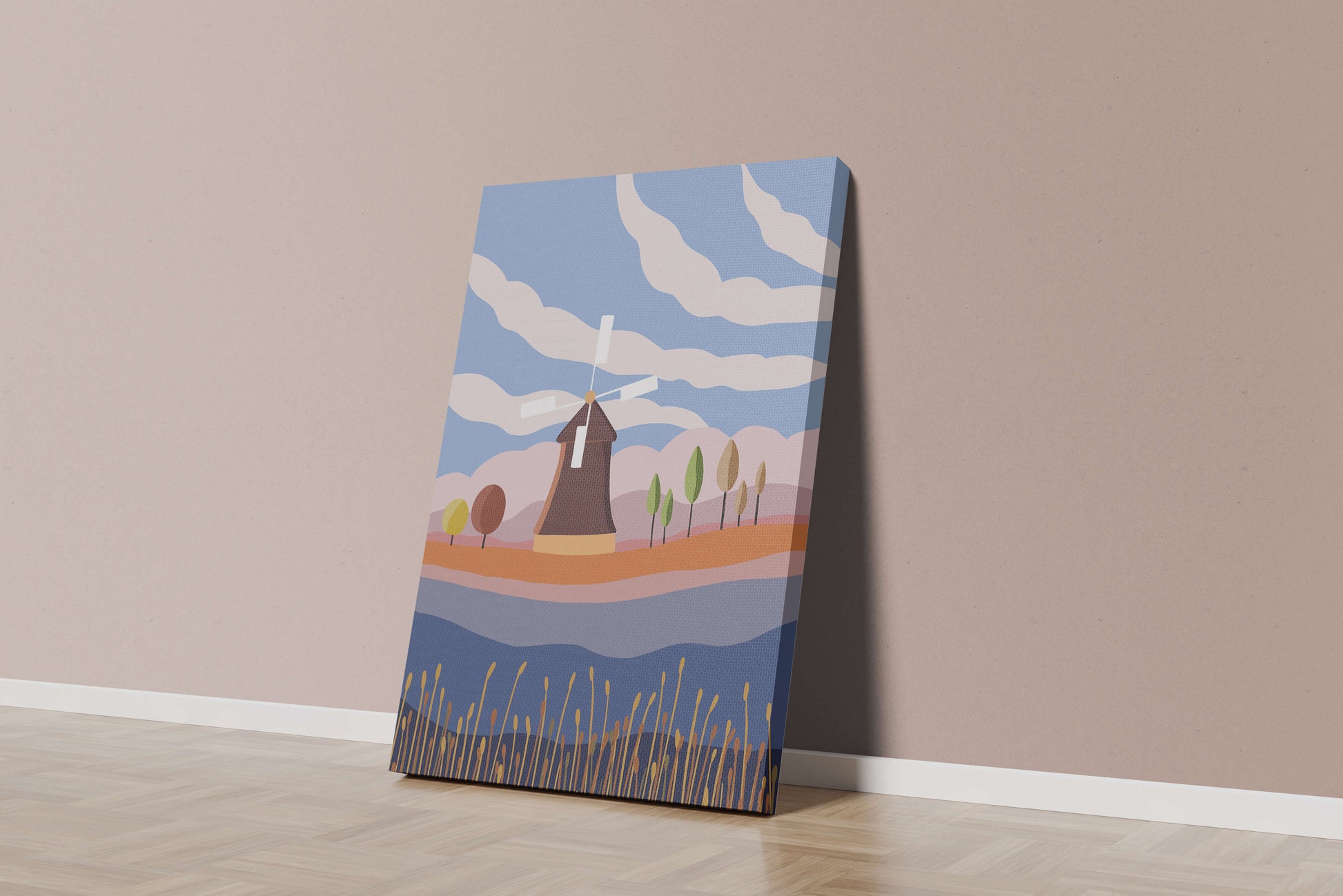 Colorful Landscape Featuring Windmill and Abstract Trees