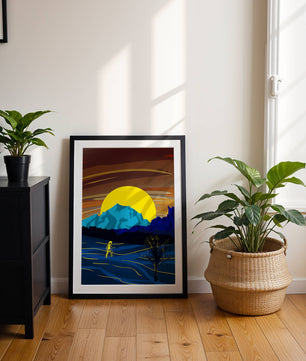 Paisaje surrealista con una puesta de sol vibrante y silueta