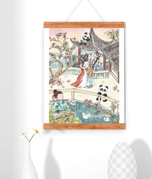 Tranquil Asian Garden Scene with Pandas and Blossoms
