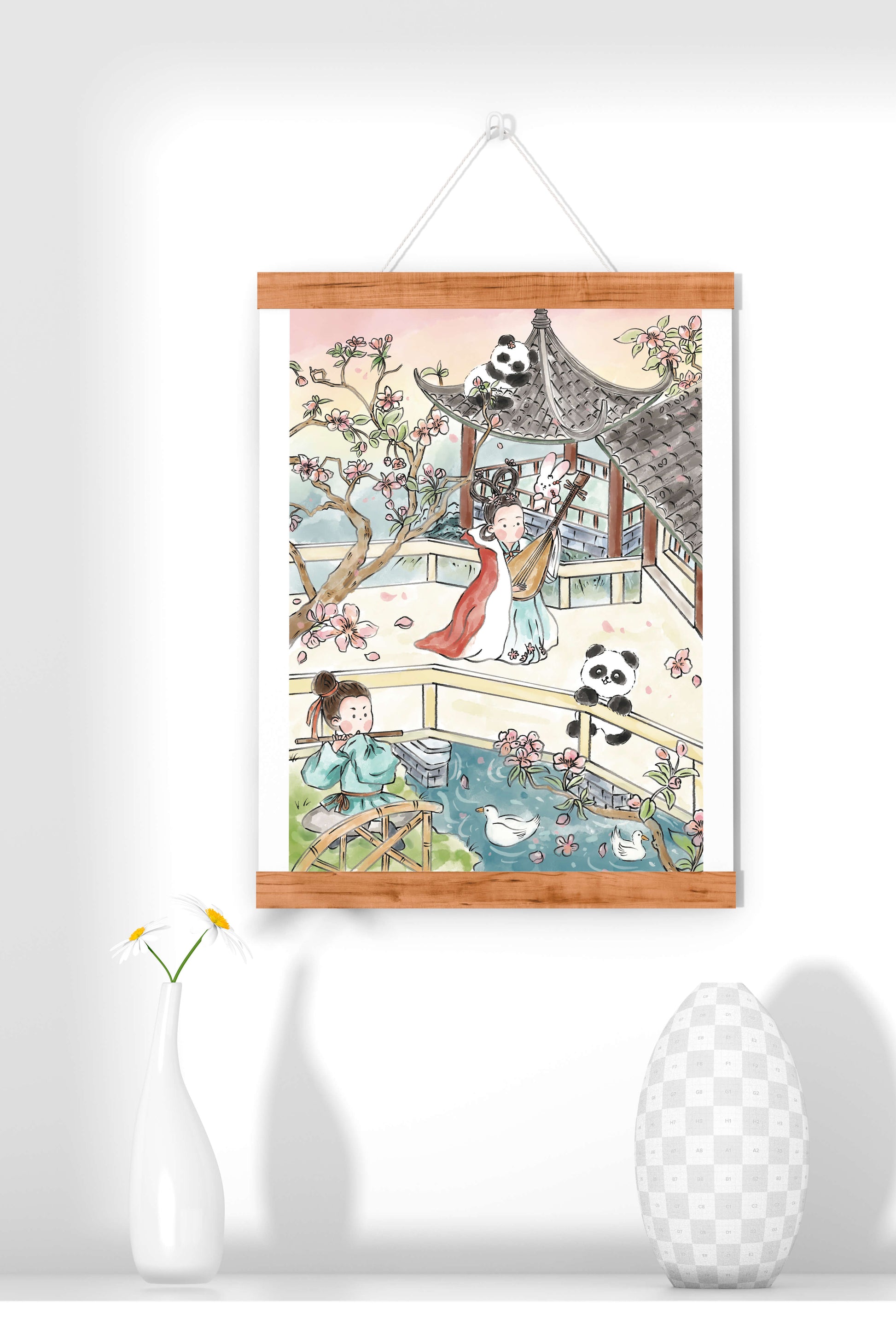 Escena tranquila de jardín asiático con pandas y flores