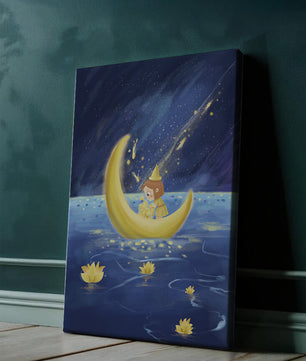 Voyage nocturne magique avec une fille dans un bateau-lune doré