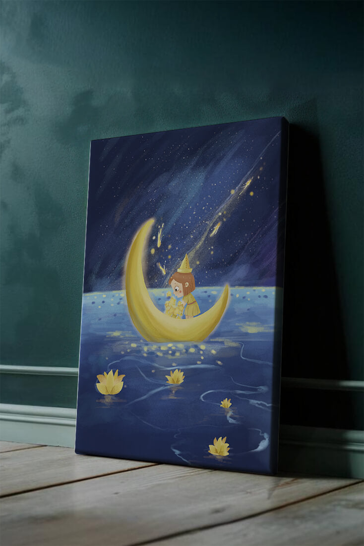 Magical Night Journey with Girl in Golden Moon Boat