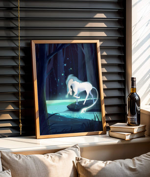 Escena nocturna encantadora con un unicornio junto a un arroyo del bosque