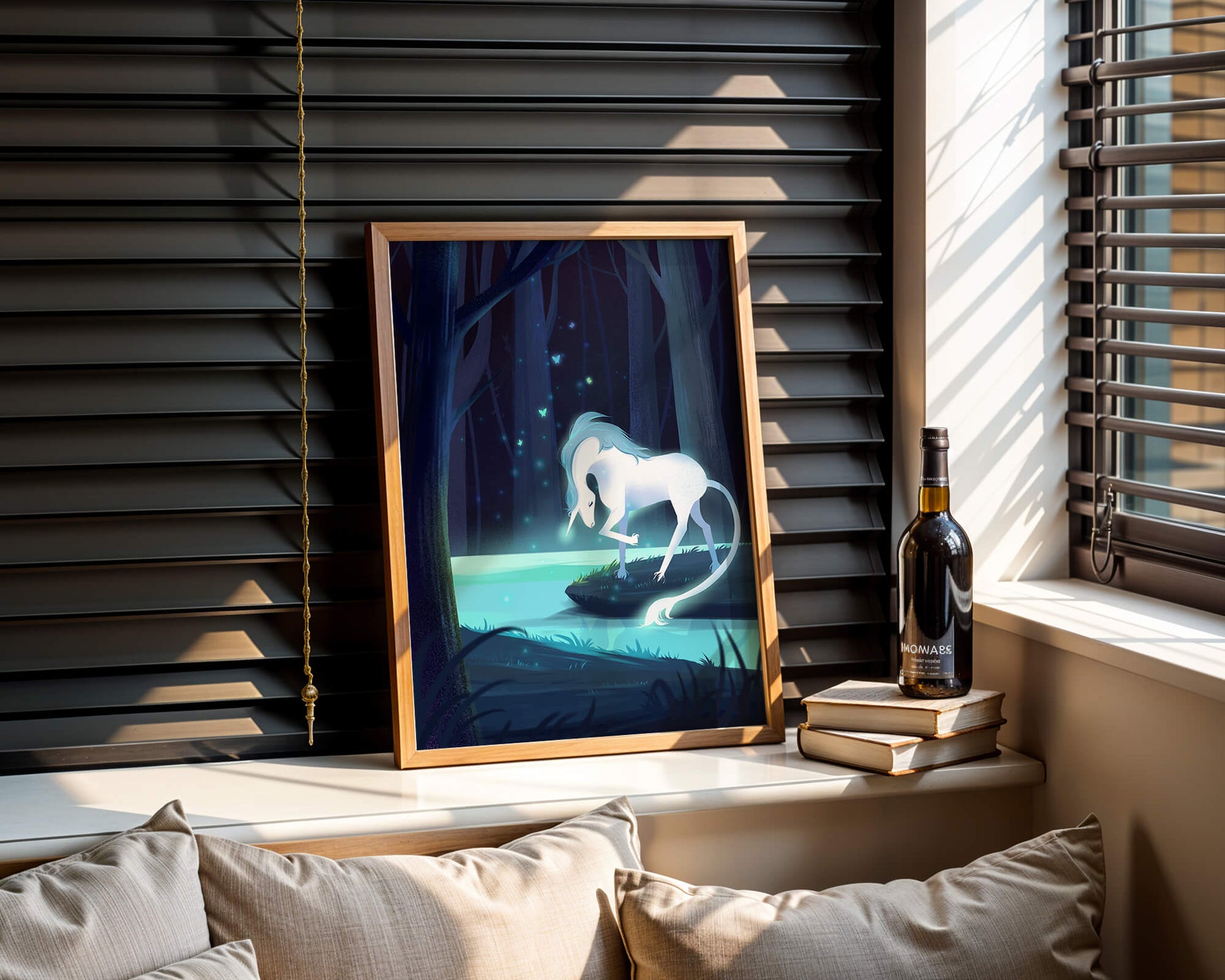 Enchanting night scene with a unicorn by a forest stream