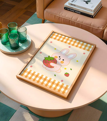 Adorable bunny holding strawberry illustration with gingham pattern