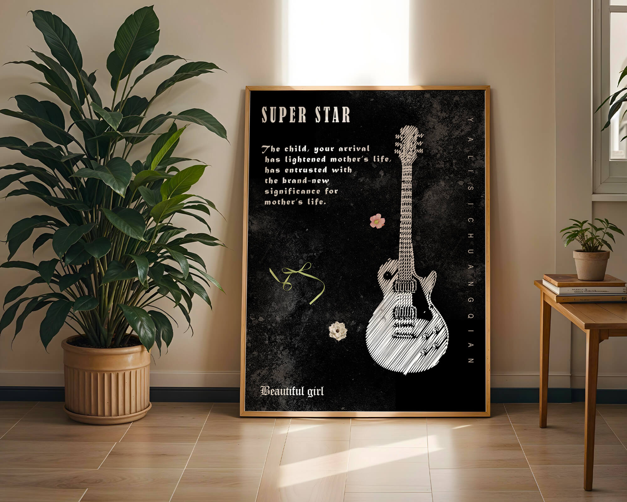 Artistic black and white guitar illustration with heartfelt text