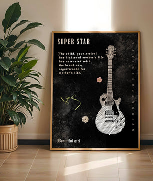 Ilustración de guitarra en blanco y negro artística con texto conmovedor