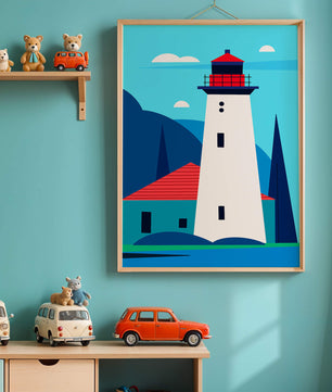 Illustration moderne d'un phare avec des couleurs vives