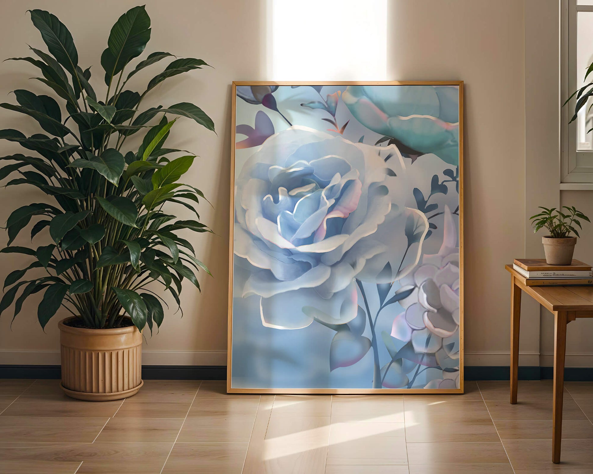 Rosas azules serenas con hojas delicadas sobre fondo suave