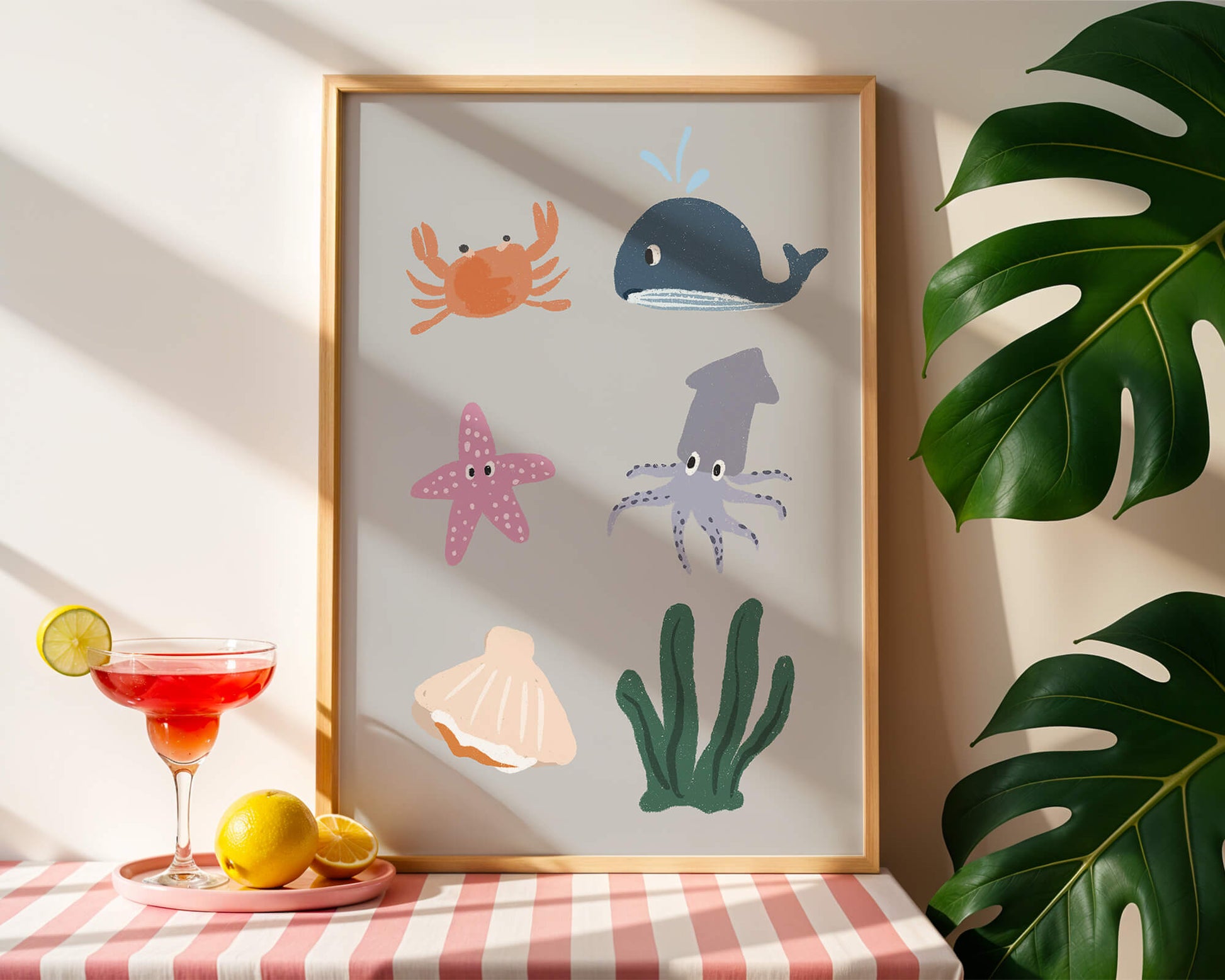 Illustration of whimsical sea creatures and marine elements on a grey background
