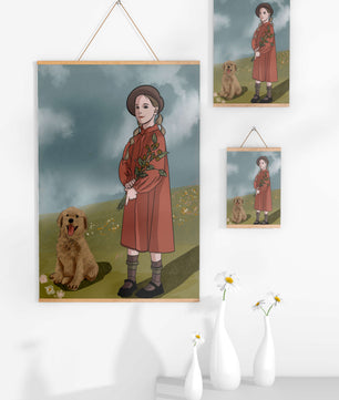 Jeune fille avec des tresses tenant des fleurs à côté d’un chiot heureux dans un champ paisible