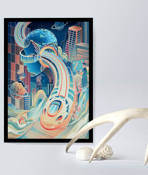 Futuristische Illustration mit VR-Thema und technologischen Elementen