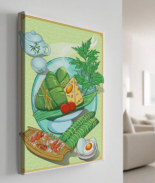Illustration d'aliments asiatiques traditionnels avec service à thé et herbes