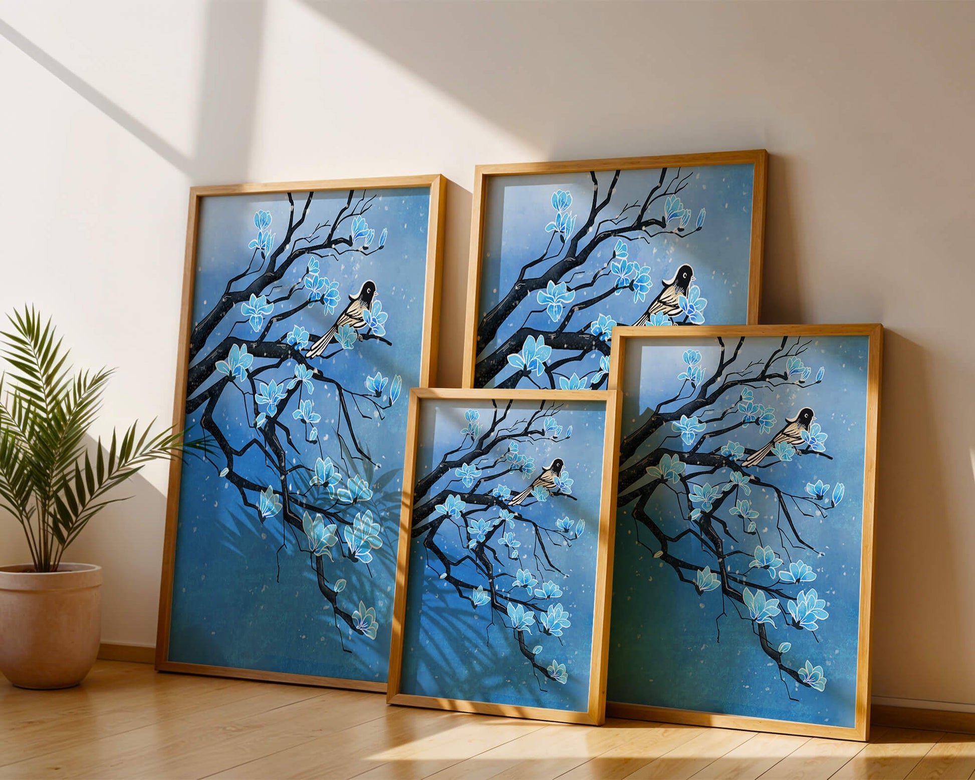 Bird on a branch with blue flowers against a snowy background