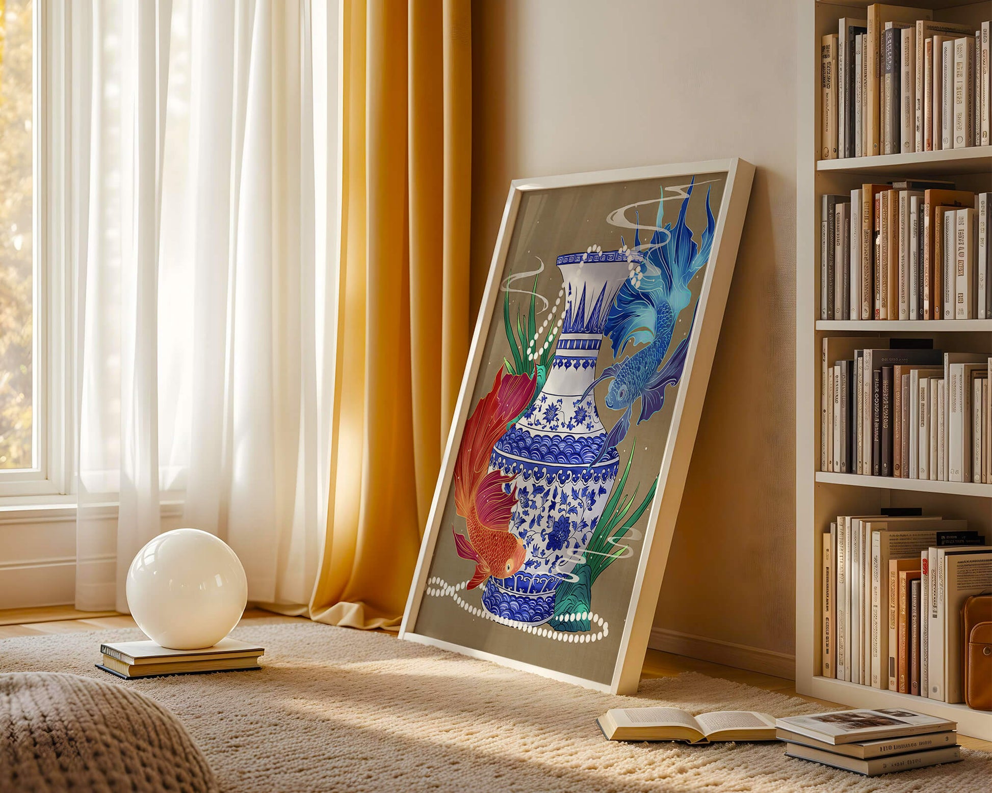 Elegant ceramic vase with vibrant fish and floral design