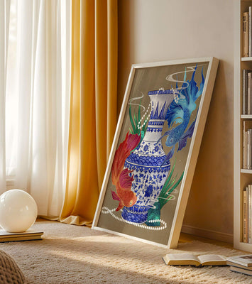 Elegant ceramic vase with vibrant fish and floral design