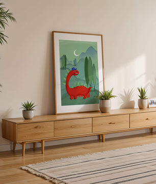Whimsical red dinosaur in a serene nighttime forest