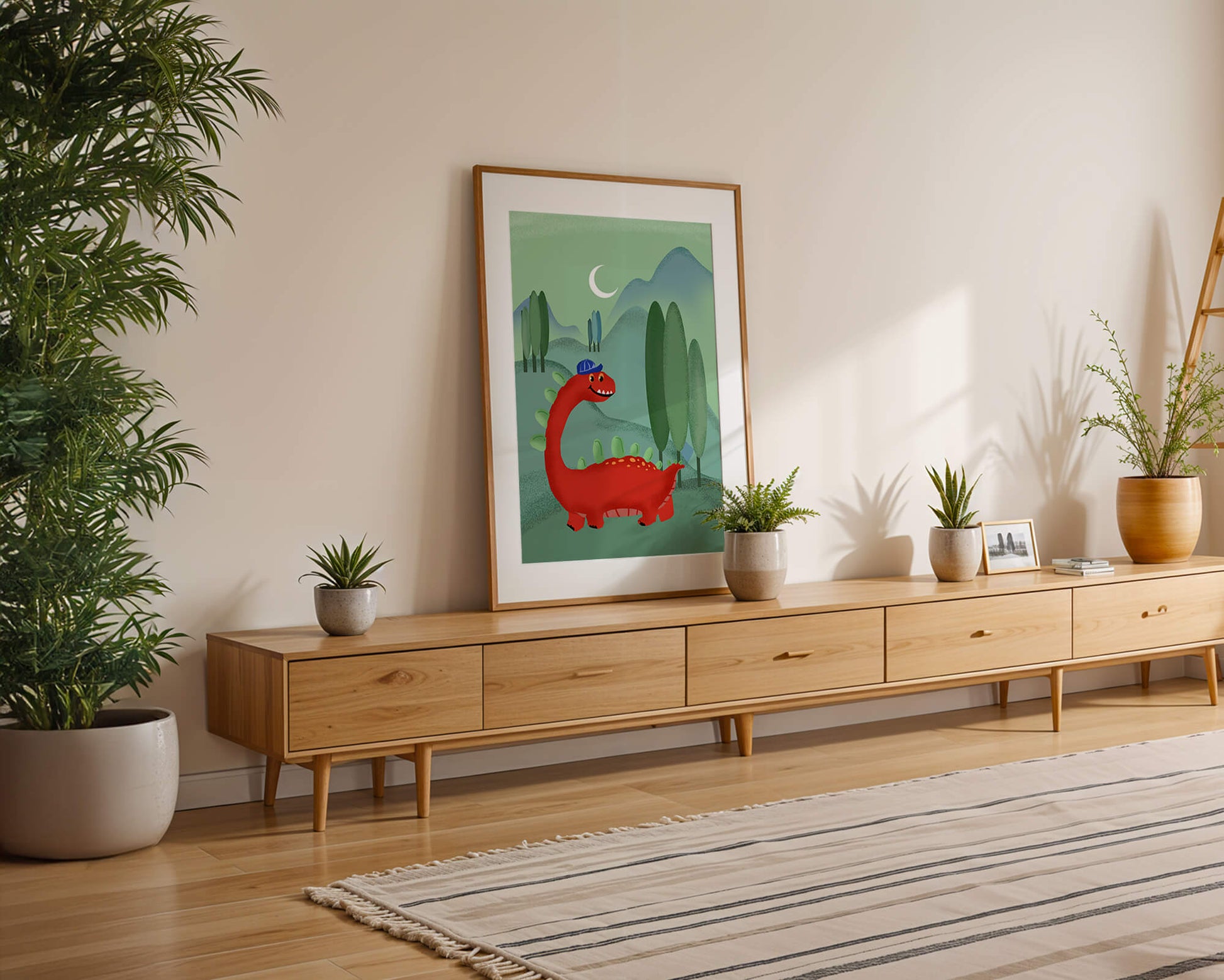 Whimsical red dinosaur in a serene nighttime forest