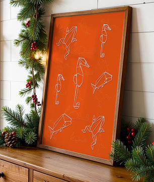 Geometrische Tiermuster auf leuchtend orangefarbenem Hintergrund