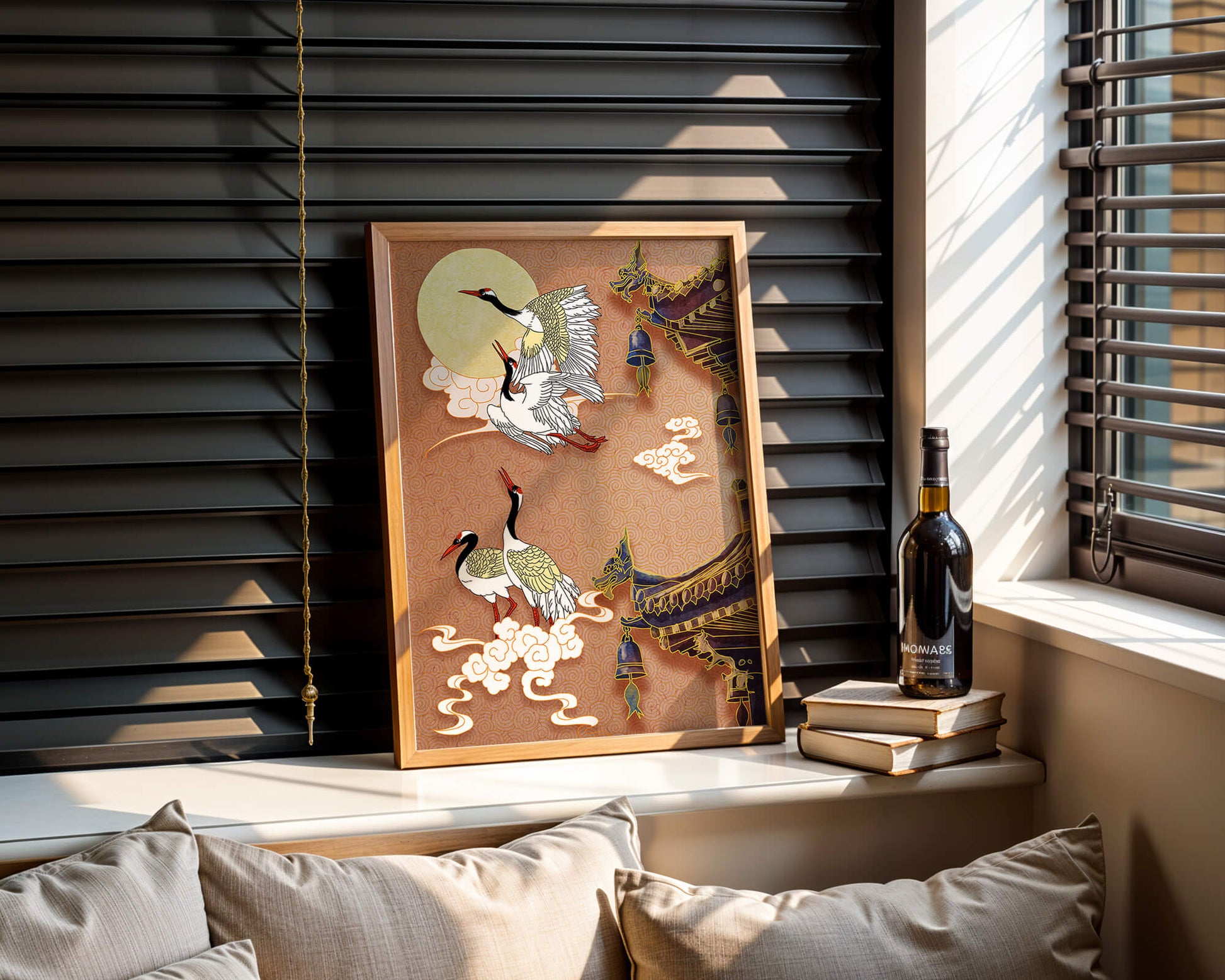 Elegant cranes flying beside traditional Asian architecture under moonlight