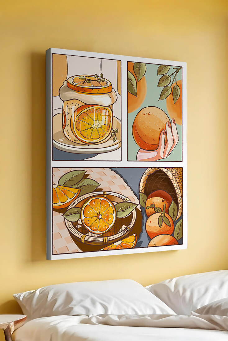 Ilustración colorida de naranjas y conservas con canasta