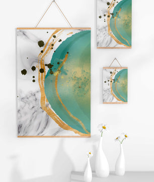 Elegant abstract design with gold accents and teal hues