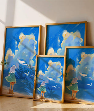 Young person gazing at a vibrant seaside sky with birds flying