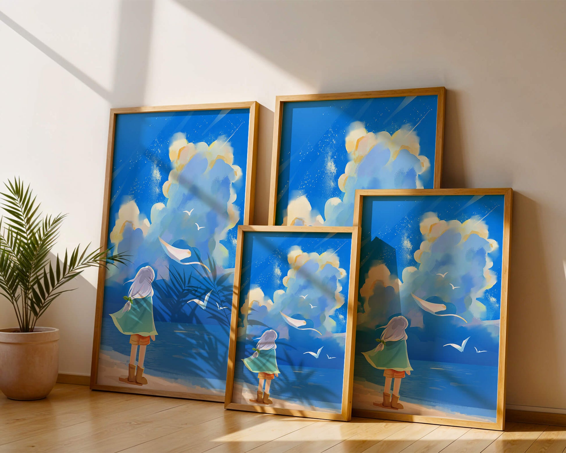 Young person gazing at a vibrant seaside sky with birds flying