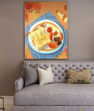 Whimsical Breakfast with Animated Tomatoes and Toast on a Bright Plate