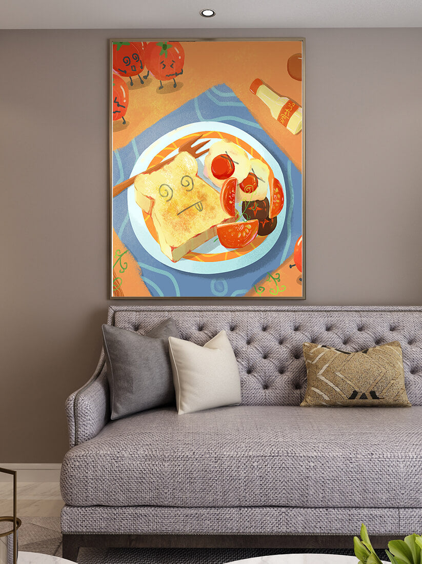 Desayuno caprichoso con tomates animados y tostadas en un plato brillante