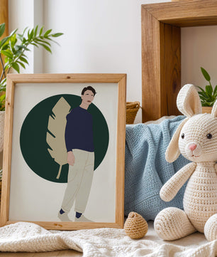 Illustration of a man standing with abstract leaf background