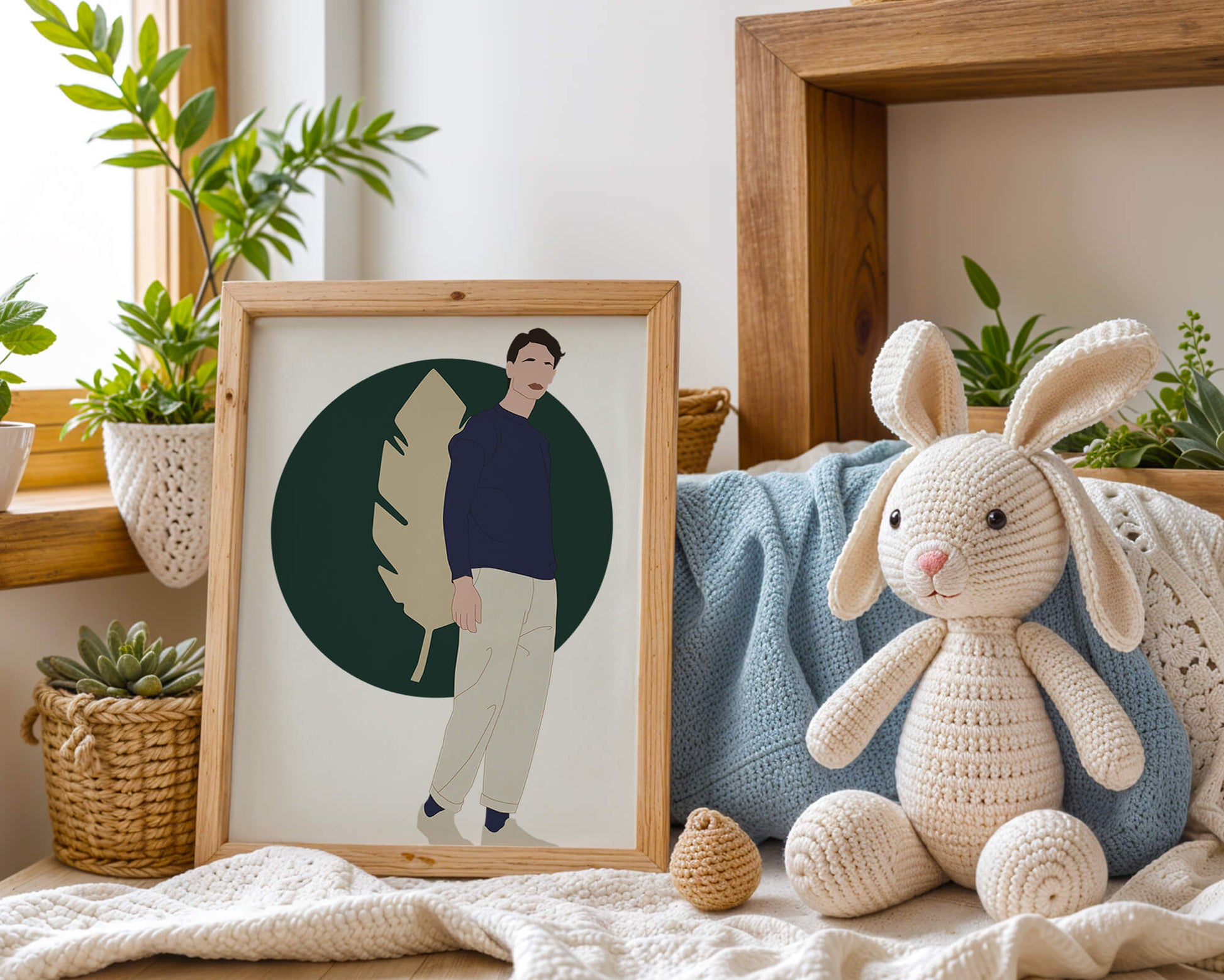 Illustration of a man standing with abstract leaf background
