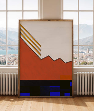 Abstrakte geometrische Komposition mit goldenen Akzenten und kräftigen Farben