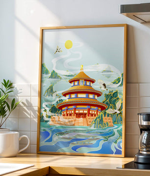 Alter chinesischer Pavillon am Wasser mit Kranichen und Bergen