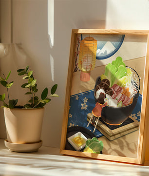 Illustration eines gemütlichen Winteressens mit Hot Pot und Zutaten