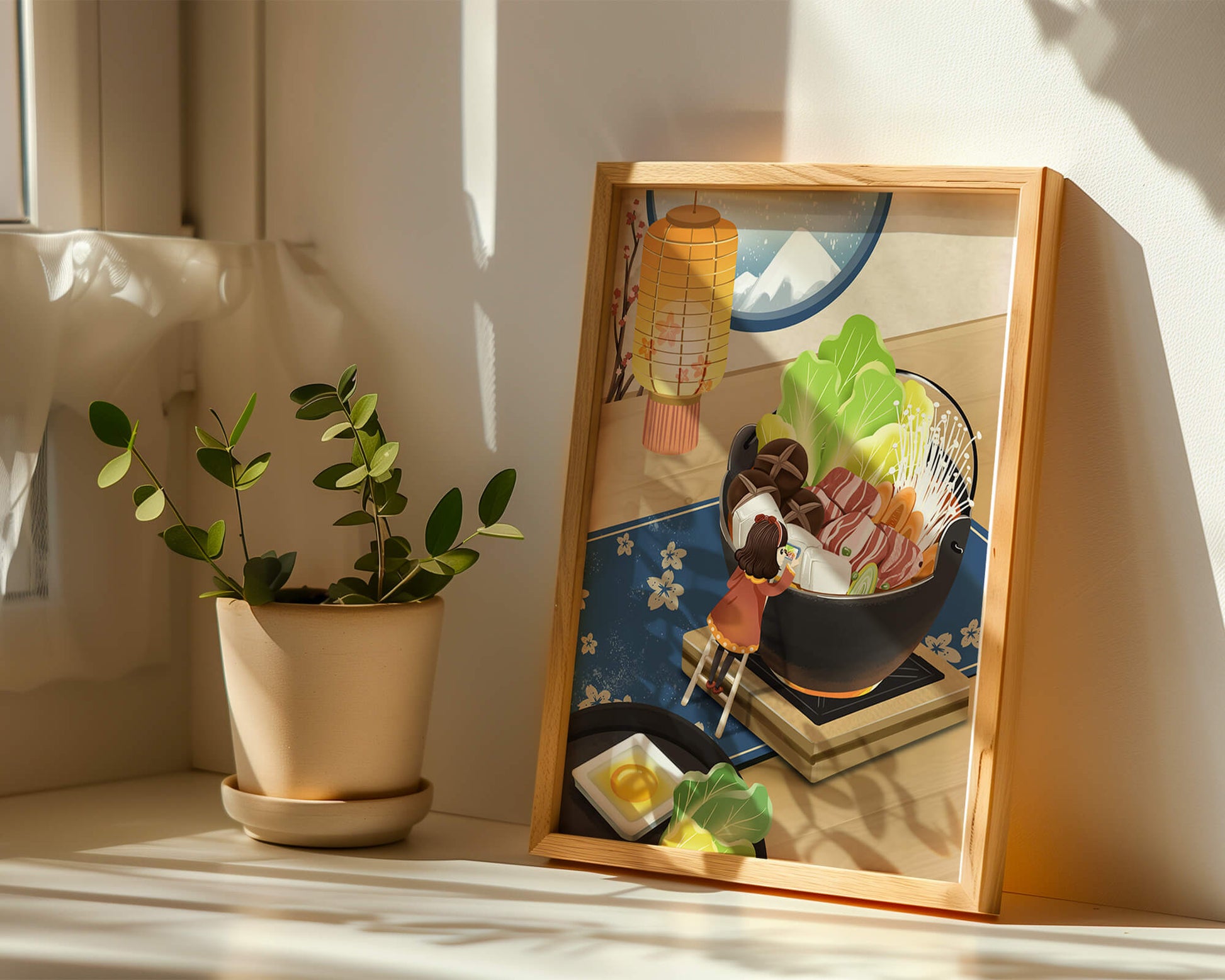 Illustration eines gemütlichen Winteressens mit Hot Pot und Zutaten
