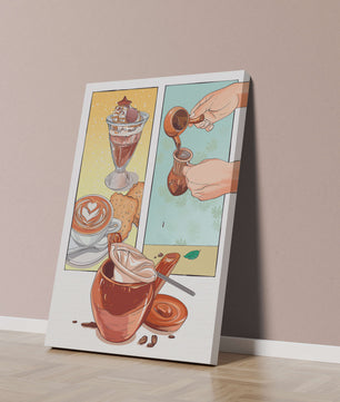 Ilustración artística de café y postre con detalles dorados