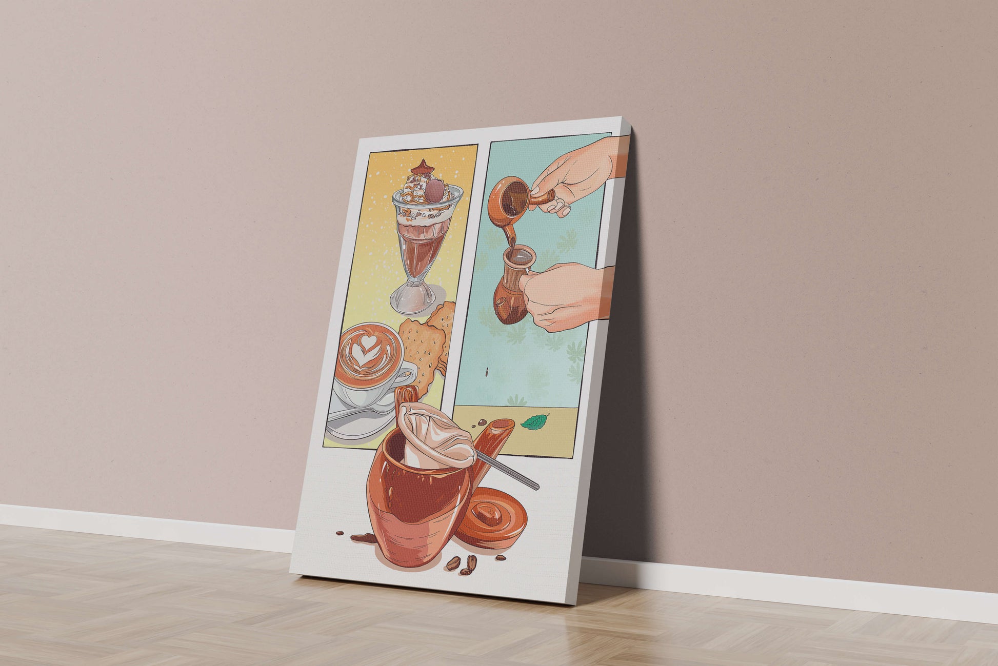 Ilustración artística de café y postre con detalles dorados