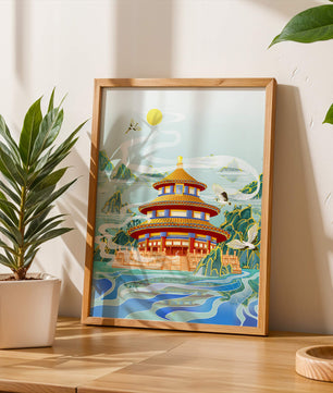 Alter chinesischer Pavillon am Wasser mit Kranichen und Bergen