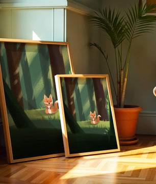 Charmante Illustration eines niedlichen Fuchses in einer ruhigen Waldlandschaft