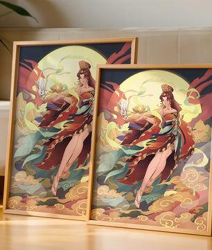 An enchanting depiction of a celestial figure with a mystical rabbit and vibrant attire