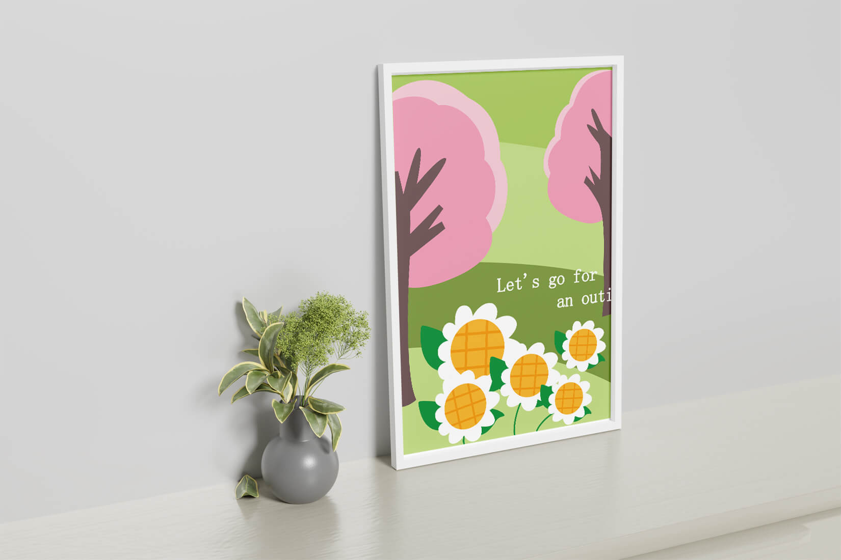 Charming spring landscape with pink trees and daisies