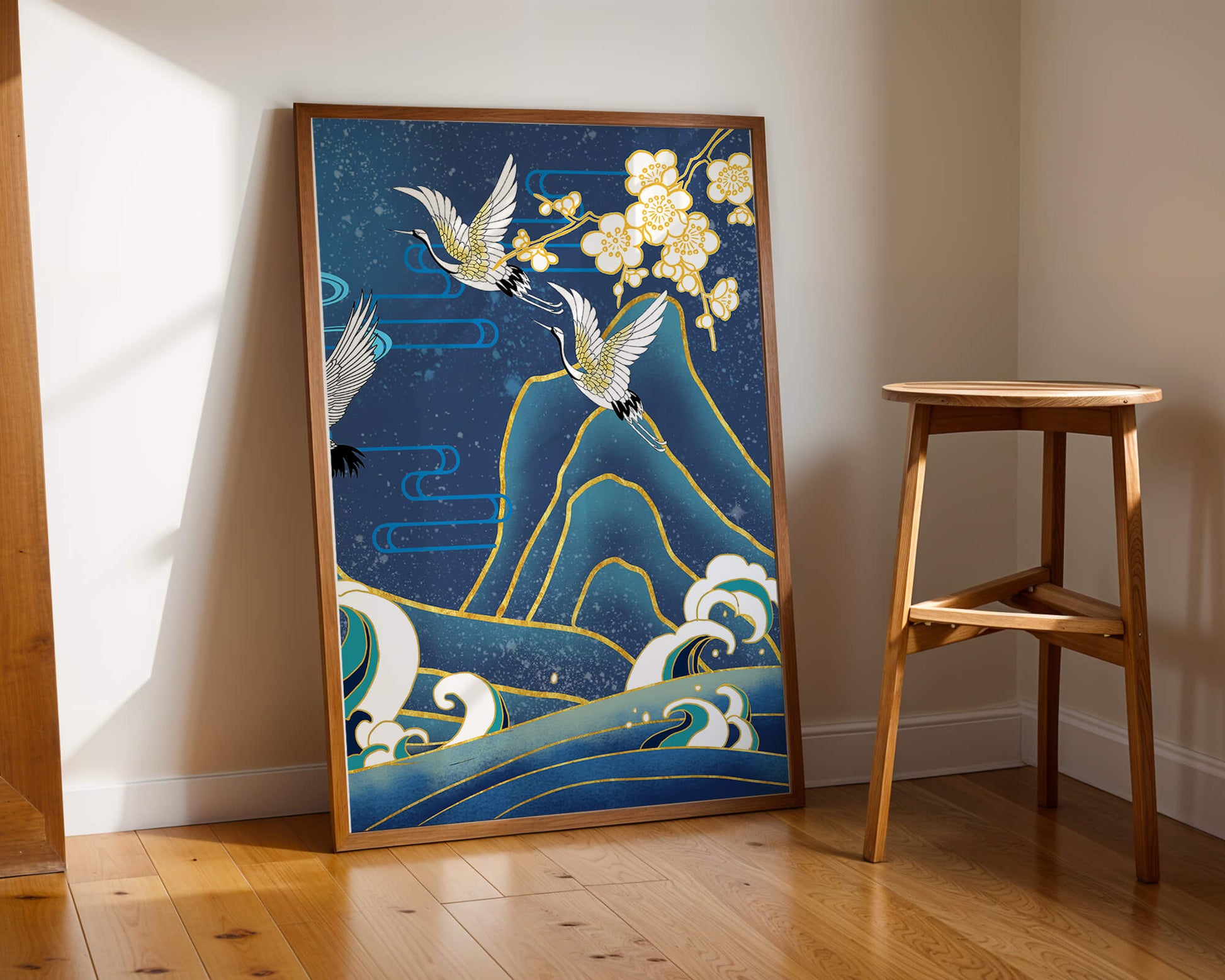 Elegant Cranes in Flight over Ocean Waves with Golden Accents and Blossoms